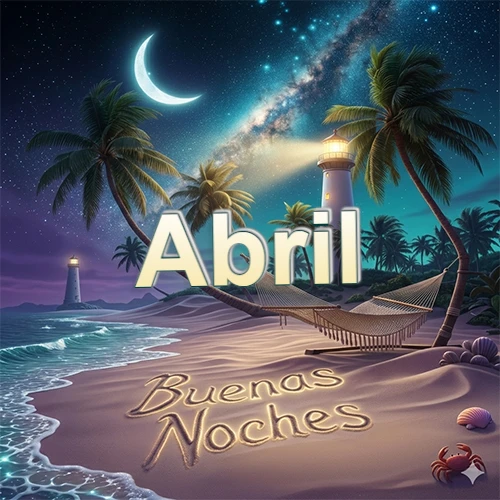 Escena nocturna mágica de una playa tropical con dos palmeras, hamaca de red y un faro iluminado en el horizonte, con la frase 'Buenas Noches' escrita artísticamente en la arena húmeda bajo la luz de la galaxia y la luna. El nombre aparece con letra luminosa grande en medio del cielo entre las dos palmeras. Nombre personalizado: Abril.