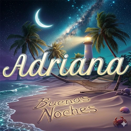 Escena nocturna mágica de una playa tropical con dos palmeras, hamaca de red y un faro iluminado en el horizonte, con la frase 'Buenas Noches' escrita artísticamente en la arena húmeda bajo la luz de la galaxia y la luna. El nombre aparece con letra luminosa grande en medio del cielo entre las dos palmeras. Nombre personalizado: Adriana. Escena nocturna mágica de una playa tropical con dos palmeras, hamaca de red y un faro iluminado en el horizonte, con la frase 'Buenas Noches' escrita artísticamente en la arena húmeda bajo la luz de la galaxia y la luna. El nombre aparece con letra luminosa grande en medio del cielo entre las dos palmeras. Nombre personalizado: Adriana.