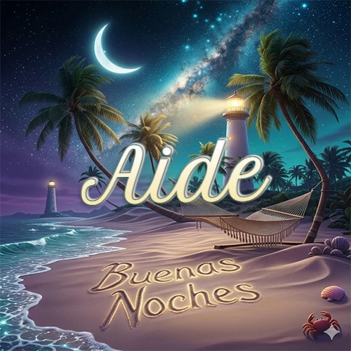 Escena nocturna mágica de una playa tropical con dos palmeras, hamaca de red y un faro iluminado en el horizonte, con la frase 'Buenas Noches' escrita artísticamente en la arena húmeda bajo la luz de la galaxia y la luna. El nombre aparece con letra luminosa grande en medio del cielo entre las dos palmeras. Nombre personalizado: Aide.