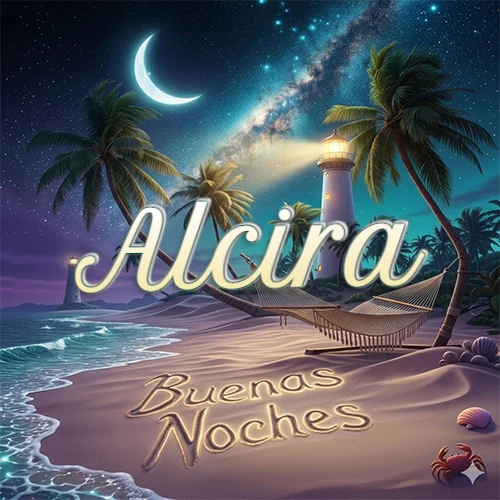 Escena nocturna mágica de una playa tropical con dos palmeras, hamaca de red y un faro iluminado en el horizonte, con la frase 'Buenas Noches' escrita artísticamente en la arena húmeda bajo la luz de la galaxia y la luna. El nombre aparece con letra luminosa grande en medio del cielo entre las dos palmeras. Nombre personalizado: Alcira. Escena nocturna mágica de una playa tropical con dos palmeras, hamaca de red y un faro iluminado en el horizonte, con la frase 'Buenas Noches' escrita artísticamente en la arena húmeda bajo la luz de la galaxia y la luna. El nombre aparece con letra luminosa grande en medio del cielo entre las dos palmeras. Nombre personalizado: Alcira.
