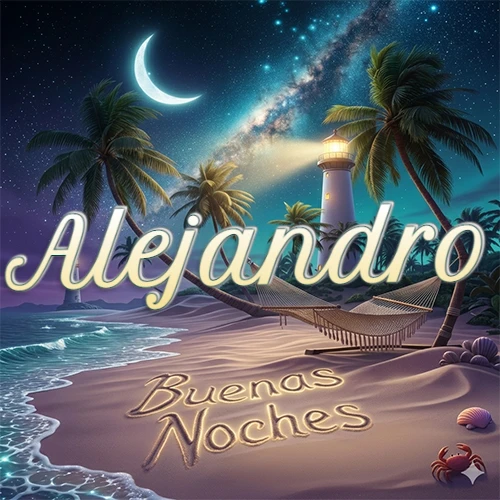 Escena nocturna mágica de una playa tropical con dos palmeras, hamaca de red y un faro iluminado en el horizonte, con la frase 'Buenas Noches' escrita artísticamente en la arena húmeda bajo la luz de la galaxia y la luna. El nombre aparece con letra luminosa grande en medio del cielo entre las dos palmeras. Nombre personalizado: Alejandro.