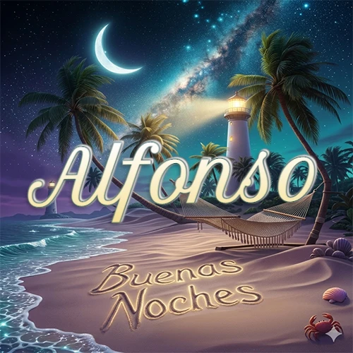 Escena nocturna mágica de una playa tropical con dos palmeras, hamaca de red y un faro iluminado en el horizonte, con la frase 'Buenas Noches' escrita artísticamente en la arena húmeda bajo la luz de la galaxia y la luna. El nombre aparece con letra luminosa grande en medio del cielo entre las dos palmeras. Nombre personalizado: Alfonso. Escena nocturna mágica de una playa tropical con dos palmeras, hamaca de red y un faro iluminado en el horizonte, con la frase 'Buenas Noches' escrita artísticamente en la arena húmeda bajo la luz de la galaxia y la luna. El nombre aparece con letra luminosa grande en medio del cielo entre las dos palmeras. Nombre personalizado: Alfonso.