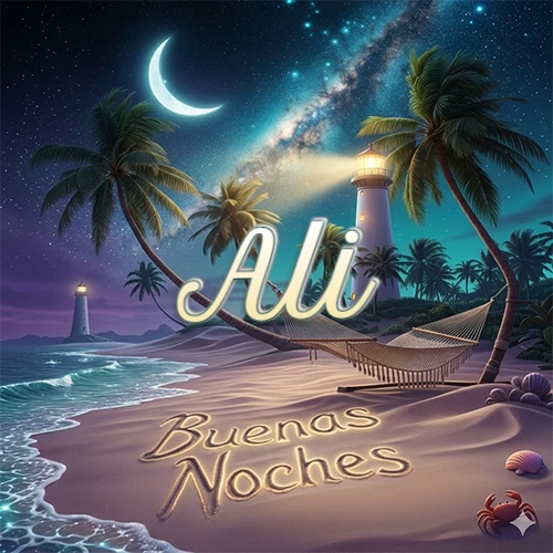Escena nocturna mágica de una playa tropical con dos palmeras, hamaca de red y un faro iluminado en el horizonte, con la frase 'Buenas Noches' escrita artísticamente en la arena húmeda bajo la luz de la galaxia y la luna. El nombre aparece con letra luminosa grande en medio del cielo entre las dos palmeras. Nombre personalizado: Ali.