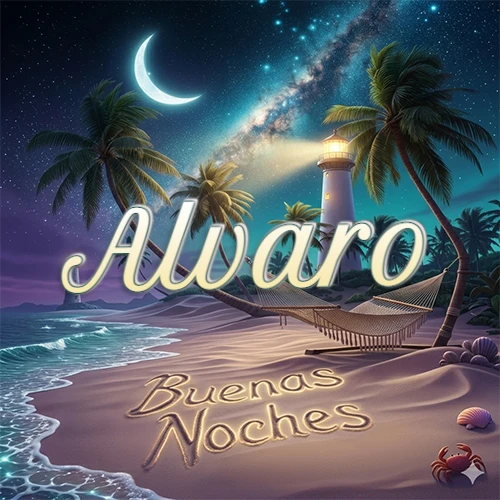 Escena nocturna mágica de una playa tropical con dos palmeras, hamaca de red y un faro iluminado en el horizonte, con la frase 'Buenas Noches' escrita artísticamente en la arena húmeda bajo la luz de la galaxia y la luna. El nombre aparece con letra luminosa grande en medio del cielo entre las dos palmeras. Nombre personalizado: Alvaro.