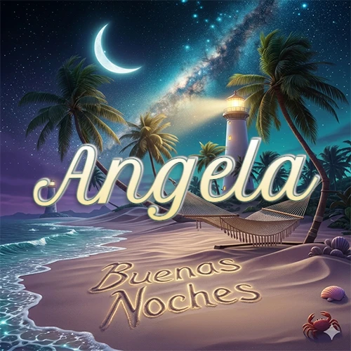 Escena nocturna mágica de una playa tropical con dos palmeras, hamaca de red y un faro iluminado en el horizonte, con la frase 'Buenas Noches' escrita artísticamente en la arena húmeda bajo la luz de la galaxia y la luna. El nombre aparece con letra luminosa grande en medio del cielo entre las dos palmeras. Nombre personalizado: Angela. Escena nocturna mágica de una playa tropical con dos palmeras, hamaca de red y un faro iluminado en el horizonte, con la frase 'Buenas Noches' escrita artísticamente en la arena húmeda bajo la luz de la galaxia y la luna. El nombre aparece con letra luminosa grande en medio del cielo entre las dos palmeras. Nombre personalizado: Angela.