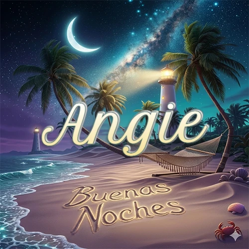 Escena nocturna mágica de una playa tropical con dos palmeras, hamaca de red y un faro iluminado en el horizonte, con la frase 'Buenas Noches' escrita artísticamente en la arena húmeda bajo la luz de la galaxia y la luna. El nombre aparece con letra luminosa grande en medio del cielo entre las dos palmeras. Nombre personalizado: Angie.