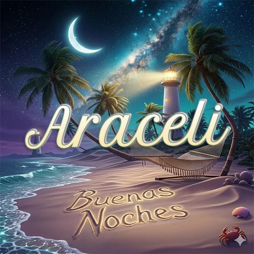 Escena nocturna mágica de una playa tropical con dos palmeras, hamaca de red y un faro iluminado en el horizonte, con la frase 'Buenas Noches' escrita artísticamente en la arena húmeda bajo la luz de la galaxia y la luna. El nombre aparece con letra luminosa grande en medio del cielo entre las dos palmeras. Nombre personalizado: Araceli.