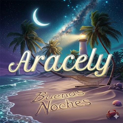 Escena nocturna mágica de una playa tropical con dos palmeras, hamaca de red y un faro iluminado en el horizonte, con la frase 'Buenas Noches' escrita artísticamente en la arena húmeda bajo la luz de la galaxia y la luna. El nombre aparece con letra luminosa grande en medio del cielo entre las dos palmeras. Nombre personalizado: Aracely. Escena nocturna mágica de una playa tropical con dos palmeras, hamaca de red y un faro iluminado en el horizonte, con la frase 'Buenas Noches' escrita artísticamente en la arena húmeda bajo la luz de la galaxia y la luna. El nombre aparece con letra luminosa grande en medio del cielo entre las dos palmeras. Nombre personalizado: Aracely.