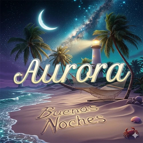 Escena nocturna mágica de una playa tropical con dos palmeras, hamaca de red y un faro iluminado en el horizonte, con la frase 'Buenas Noches' escrita artísticamente en la arena húmeda bajo la luz de la galaxia y la luna. El nombre aparece con letra luminosa grande en medio del cielo entre las dos palmeras. Nombre personalizado: Aurora. Escena nocturna mágica de una playa tropical con dos palmeras, hamaca de red y un faro iluminado en el horizonte, con la frase 'Buenas Noches' escrita artísticamente en la arena húmeda bajo la luz de la galaxia y la luna. El nombre aparece con letra luminosa grande en medio del cielo entre las dos palmeras. Nombre personalizado: Aurora.