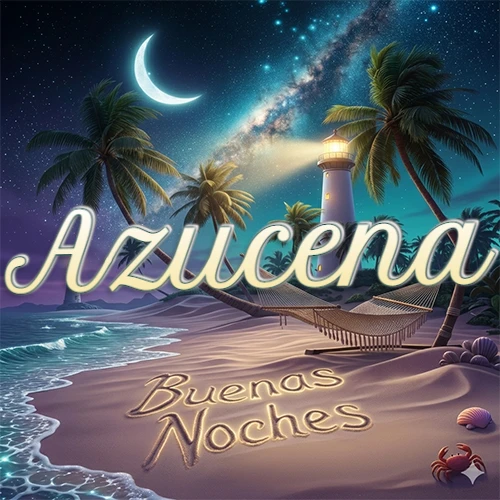 Escena nocturna mágica de una playa tropical con dos palmeras, hamaca de red y un faro iluminado en el horizonte, con la frase 'Buenas Noches' escrita artísticamente en la arena húmeda bajo la luz de la galaxia y la luna. El nombre aparece con letra luminosa grande en medio del cielo entre las dos palmeras. Nombre personalizado: Azucena. Escena nocturna mágica de una playa tropical con dos palmeras, hamaca de red y un faro iluminado en el horizonte, con la frase 'Buenas Noches' escrita artísticamente en la arena húmeda bajo la luz de la galaxia y la luna. El nombre aparece con letra luminosa grande en medio del cielo entre las dos palmeras. Nombre personalizado: Azucena.
