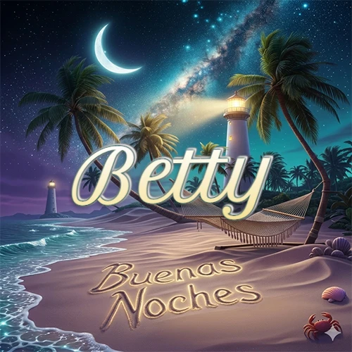 Escena nocturna mágica de una playa tropical con dos palmeras, hamaca de red y un faro iluminado en el horizonte, con la frase 'Buenas Noches' escrita artísticamente en la arena húmeda bajo la luz de la galaxia y la luna. El nombre aparece con letra luminosa grande en medio del cielo entre las dos palmeras. Nombre personalizado: Betty. Escena nocturna mágica de una playa tropical con dos palmeras, hamaca de red y un faro iluminado en el horizonte, con la frase 'Buenas Noches' escrita artísticamente en la arena húmeda bajo la luz de la galaxia y la luna. El nombre aparece con letra luminosa grande en medio del cielo entre las dos palmeras. Nombre personalizado: Betty.