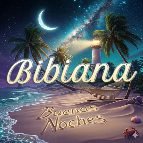 Escena nocturna mágica de una playa tropical con dos palmeras, hamaca de red y un faro iluminado en el horizonte, con la frase 'Buenas Noches' escrita artísticamente en la arena húmeda bajo la luz de la galaxia y la luna. El nombre aparece con letra luminosa grande en medio del cielo entre las dos palmeras. Nombre personalizado: Bibiana. Escena nocturna mágica de una playa tropical con dos palmeras, hamaca de red y un faro iluminado en el horizonte, con la frase 'Buenas Noches' escrita artísticamente en la arena húmeda bajo la luz de la galaxia y la luna. El nombre aparece con letra luminosa grande en medio del cielo entre las dos palmeras. Nombre personalizado: Bibiana.