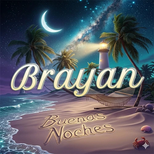 Escena nocturna mágica de una playa tropical con dos palmeras, hamaca de red y un faro iluminado en el horizonte, con la frase 'Buenas Noches' escrita artísticamente en la arena húmeda bajo la luz de la galaxia y la luna. El nombre aparece con letra luminosa grande en medio del cielo entre las dos palmeras. Nombre personalizado: Brayan.
