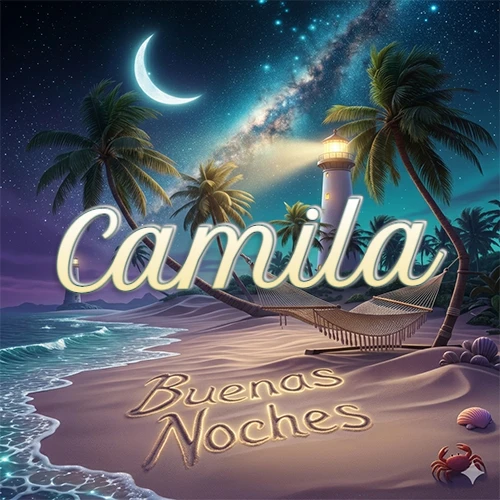 Escena nocturna mágica de una playa tropical con dos palmeras, hamaca de red y un faro iluminado en el horizonte, con la frase 'Buenas Noches' escrita artísticamente en la arena húmeda bajo la luz de la galaxia y la luna. El nombre aparece con letra luminosa grande en medio del cielo entre las dos palmeras. Nombre personalizado: Camila.