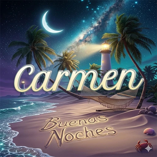 Escena nocturna mágica de una playa tropical con dos palmeras, hamaca de red y un faro iluminado en el horizonte, con la frase 'Buenas Noches' escrita artísticamente en la arena húmeda bajo la luz de la galaxia y la luna. El nombre aparece con letra luminosa grande en medio del cielo entre las dos palmeras. Nombre personalizado: Carmen.