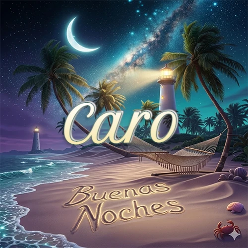 Escena nocturna mágica de una playa tropical con dos palmeras, hamaca de red y un faro iluminado en el horizonte, con la frase 'Buenas Noches' escrita artísticamente en la arena húmeda bajo la luz de la galaxia y la luna. El nombre aparece con letra luminosa grande en medio del cielo entre las dos palmeras. Nombre personalizado: Caro.
