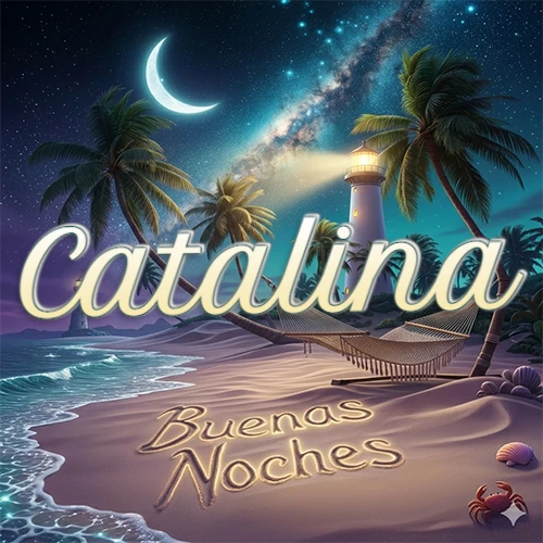 Escena nocturna mágica de una playa tropical con dos palmeras, hamaca de red y un faro iluminado en el horizonte, con la frase 'Buenas Noches' escrita artísticamente en la arena húmeda bajo la luz de la galaxia y la luna. El nombre aparece con letra luminosa grande en medio del cielo entre las dos palmeras. Nombre personalizado: Catalina.