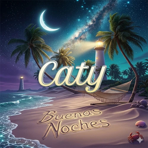 Escena nocturna mágica de una playa tropical con dos palmeras, hamaca de red y un faro iluminado en el horizonte, con la frase 'Buenas Noches' escrita artísticamente en la arena húmeda bajo la luz de la galaxia y la luna. El nombre aparece con letra luminosa grande en medio del cielo entre las dos palmeras. Nombre personalizado: Caty. Escena nocturna mágica de una playa tropical con dos palmeras, hamaca de red y un faro iluminado en el horizonte, con la frase 'Buenas Noches' escrita artísticamente en la arena húmeda bajo la luz de la galaxia y la luna. El nombre aparece con letra luminosa grande en medio del cielo entre las dos palmeras. Nombre personalizado: Caty.