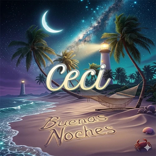 Escena nocturna mágica de una playa tropical con dos palmeras, hamaca de red y un faro iluminado en el horizonte, con la frase 'Buenas Noches' escrita artísticamente en la arena húmeda bajo la luz de la galaxia y la luna. El nombre aparece con letra luminosa grande en medio del cielo entre las dos palmeras. Nombre personalizado: Ceci.