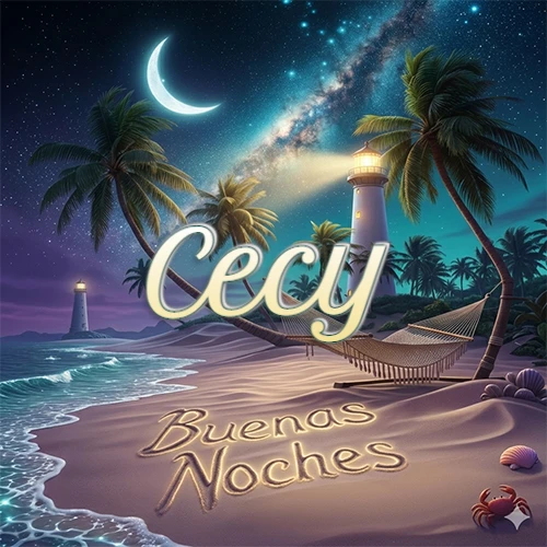 Escena nocturna mágica de una playa tropical con dos palmeras, hamaca de red y un faro iluminado en el horizonte, con la frase 'Buenas Noches' escrita artísticamente en la arena húmeda bajo la luz de la galaxia y la luna. El nombre aparece con letra luminosa grande en medio del cielo entre las dos palmeras. Nombre personalizado: Cecy.