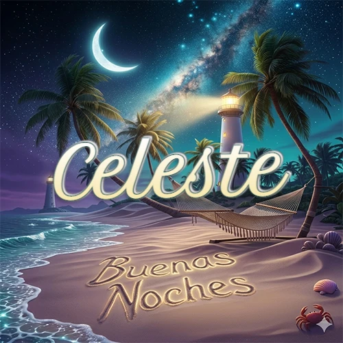 Escena nocturna mágica de una playa tropical con dos palmeras, hamaca de red y un faro iluminado en el horizonte, con la frase 'Buenas Noches' escrita artísticamente en la arena húmeda bajo la luz de la galaxia y la luna. El nombre aparece con letra luminosa grande en medio del cielo entre las dos palmeras. Nombre personalizado: Celeste.