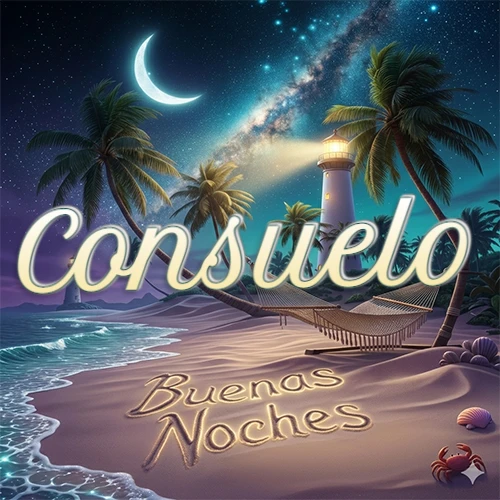 Escena nocturna mágica de una playa tropical con dos palmeras, hamaca de red y un faro iluminado en el horizonte, con la frase 'Buenas Noches' escrita artísticamente en la arena húmeda bajo la luz de la galaxia y la luna. El nombre aparece con letra luminosa grande en medio del cielo entre las dos palmeras. Nombre personalizado: Consuelo.