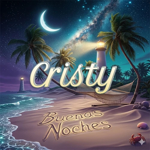 Escena nocturna mágica de una playa tropical con dos palmeras, hamaca de red y un faro iluminado en el horizonte, con la frase 'Buenas Noches' escrita artísticamente en la arena húmeda bajo la luz de la galaxia y la luna. El nombre aparece con letra luminosa grande en medio del cielo entre las dos palmeras. Nombre personalizado: Cristy. Escena nocturna mágica de una playa tropical con dos palmeras, hamaca de red y un faro iluminado en el horizonte, con la frase 'Buenas Noches' escrita artísticamente en la arena húmeda bajo la luz de la galaxia y la luna. El nombre aparece con letra luminosa grande en medio del cielo entre las dos palmeras. Nombre personalizado: Cristy.