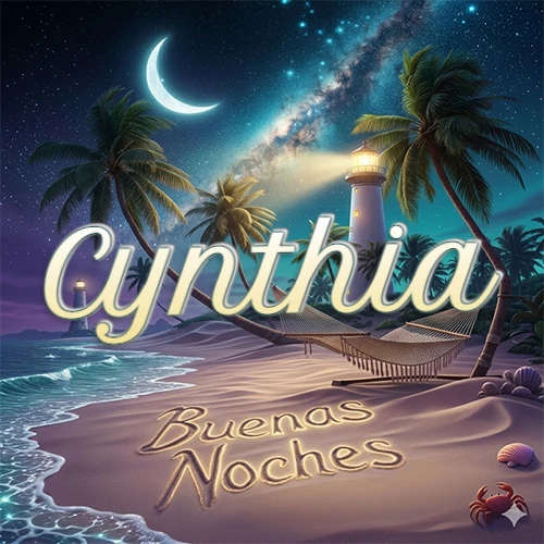 Escena nocturna mágica de una playa tropical con dos palmeras, hamaca de red y un faro iluminado en el horizonte, con la frase 'Buenas Noches' escrita artísticamente en la arena húmeda bajo la luz de la galaxia y la luna. El nombre aparece con letra luminosa grande en medio del cielo entre las dos palmeras. Nombre personalizado: Cynthia.