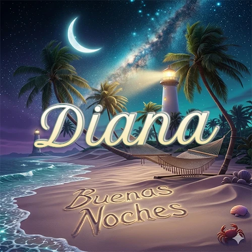 Escena nocturna mágica de una playa tropical con dos palmeras, hamaca de red y un faro iluminado en el horizonte, con la frase 'Buenas Noches' escrita artísticamente en la arena húmeda bajo la luz de la galaxia y la luna. El nombre aparece con letra luminosa grande en medio del cielo entre las dos palmeras. Nombre personalizado: Diana. Escena nocturna mágica de una playa tropical con dos palmeras, hamaca de red y un faro iluminado en el horizonte, con la frase 'Buenas Noches' escrita artísticamente en la arena húmeda bajo la luz de la galaxia y la luna. El nombre aparece con letra luminosa grande en medio del cielo entre las dos palmeras. Nombre personalizado: Diana.