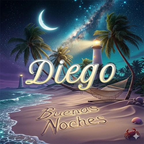 Escena nocturna mágica de una playa tropical con dos palmeras, hamaca de red y un faro iluminado en el horizonte, con la frase 'Buenas Noches' escrita artísticamente en la arena húmeda bajo la luz de la galaxia y la luna. El nombre aparece con letra luminosa grande en medio del cielo entre las dos palmeras. Nombre personalizado: Diego.