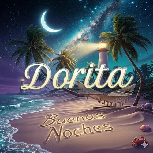 Escena nocturna mágica de una playa tropical con dos palmeras, hamaca de red y un faro iluminado en el horizonte, con la frase 'Buenas Noches' escrita artísticamente en la arena húmeda bajo la luz de la galaxia y la luna. El nombre aparece con letra luminosa grande en medio del cielo entre las dos palmeras. Nombre personalizado: Dorita. Escena nocturna mágica de una playa tropical con dos palmeras, hamaca de red y un faro iluminado en el horizonte, con la frase 'Buenas Noches' escrita artísticamente en la arena húmeda bajo la luz de la galaxia y la luna. El nombre aparece con letra luminosa grande en medio del cielo entre las dos palmeras. Nombre personalizado: Dorita.