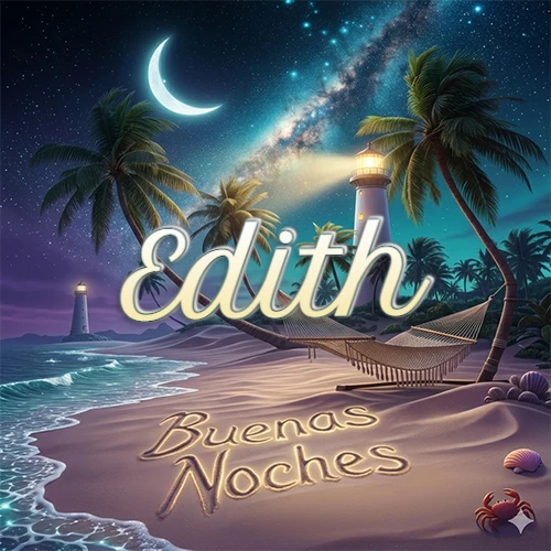 Escena nocturna mágica de una playa tropical con dos palmeras, hamaca de red y un faro iluminado en el horizonte, con la frase 'Buenas Noches' escrita artísticamente en la arena húmeda bajo la luz de la galaxia y la luna. El nombre aparece con letra luminosa grande en medio del cielo entre las dos palmeras. Nombre personalizado: Edith.