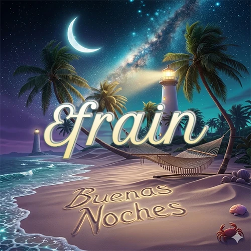 Escena nocturna mágica de una playa tropical con dos palmeras, hamaca de red y un faro iluminado en el horizonte, con la frase 'Buenas Noches' escrita artísticamente en la arena húmeda bajo la luz de la galaxia y la luna. El nombre aparece con letra luminosa grande en medio del cielo entre las dos palmeras. Nombre personalizado: Efrain.