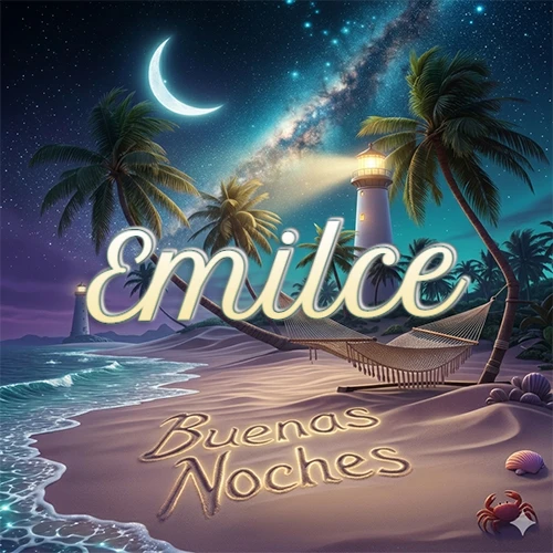 Escena nocturna mágica de una playa tropical con dos palmeras, hamaca de red y un faro iluminado en el horizonte, con la frase 'Buenas Noches' escrita artísticamente en la arena húmeda bajo la luz de la galaxia y la luna. El nombre aparece con letra luminosa grande en medio del cielo entre las dos palmeras. Nombre personalizado: Emilce.