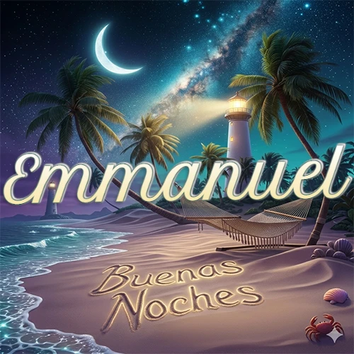 Escena nocturna mágica de una playa tropical con dos palmeras, hamaca de red y un faro iluminado en el horizonte, con la frase 'Buenas Noches' escrita artísticamente en la arena húmeda bajo la luz de la galaxia y la luna. El nombre aparece con letra luminosa grande en medio del cielo entre las dos palmeras. Nombre personalizado: Emmanuel.