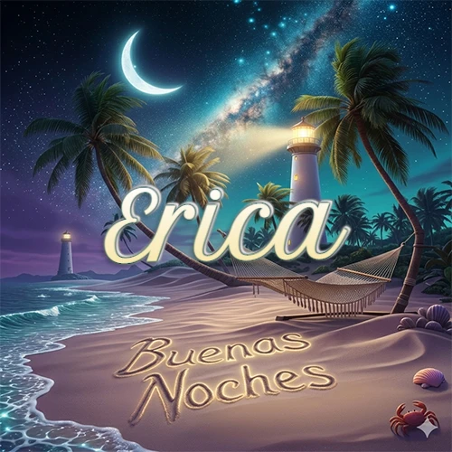 Escena nocturna mágica de una playa tropical con dos palmeras, hamaca de red y un faro iluminado en el horizonte, con la frase 'Buenas Noches' escrita artísticamente en la arena húmeda bajo la luz de la galaxia y la luna. El nombre aparece con letra luminosa grande en medio del cielo entre las dos palmeras. Nombre personalizado: Erica.