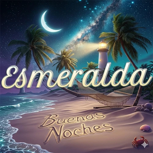 Escena nocturna mágica de una playa tropical con dos palmeras, hamaca de red y un faro iluminado en el horizonte, con la frase 'Buenas Noches' escrita artísticamente en la arena húmeda bajo la luz de la galaxia y la luna. El nombre aparece con letra luminosa grande en medio del cielo entre las dos palmeras. Nombre personalizado: Esmeralda.