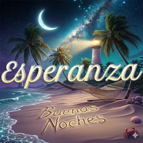 Escena nocturna mágica de una playa tropical con dos palmeras, hamaca de red y un faro iluminado en el horizonte, con la frase 'Buenas Noches' escrita artísticamente en la arena húmeda bajo la luz de la galaxia y la luna. El nombre aparece con letra luminosa grande en medio del cielo entre las dos palmeras. Nombre personalizado: Esperanza.