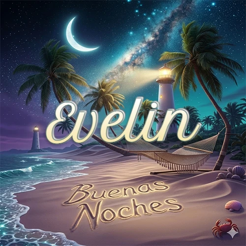 Escena nocturna mágica de una playa tropical con dos palmeras, hamaca de red y un faro iluminado en el horizonte, con la frase 'Buenas Noches' escrita artísticamente en la arena húmeda bajo la luz de la galaxia y la luna. El nombre aparece con letra luminosa grande en medio del cielo entre las dos palmeras. Nombre personalizado: Evelin.
