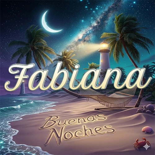 Escena nocturna mágica de una playa tropical con dos palmeras, hamaca de red y un faro iluminado en el horizonte, con la frase 'Buenas Noches' escrita artísticamente en la arena húmeda bajo la luz de la galaxia y la luna. El nombre aparece con letra luminosa grande en medio del cielo entre las dos palmeras. Nombre personalizado: Fabiana. Escena nocturna mágica de una playa tropical con dos palmeras, hamaca de red y un faro iluminado en el horizonte, con la frase 'Buenas Noches' escrita artísticamente en la arena húmeda bajo la luz de la galaxia y la luna. El nombre aparece con letra luminosa grande en medio del cielo entre las dos palmeras. Nombre personalizado: Fabiana.