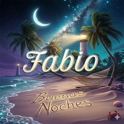 Escena nocturna mágica de una playa tropical con dos palmeras, hamaca de red y un faro iluminado en el horizonte, con la frase 'Buenas Noches' escrita artísticamente en la arena húmeda bajo la luz de la galaxia y la luna. El nombre aparece con letra luminosa grande en medio del cielo entre las dos palmeras. Nombre personalizado: Fabio.