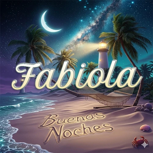 Escena nocturna mágica de una playa tropical con dos palmeras, hamaca de red y un faro iluminado en el horizonte, con la frase 'Buenas Noches' escrita artísticamente en la arena húmeda bajo la luz de la galaxia y la luna. El nombre aparece con letra luminosa grande en medio del cielo entre las dos palmeras. Nombre personalizado: Fabiola.