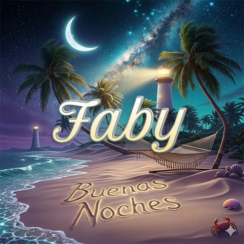 Escena nocturna mágica de una playa tropical con dos palmeras, hamaca de red y un faro iluminado en el horizonte, con la frase 'Buenas Noches' escrita artísticamente en la arena húmeda bajo la luz de la galaxia y la luna. El nombre aparece con letra luminosa grande en medio del cielo entre las dos palmeras. Nombre personalizado: Faby.