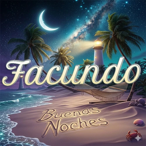 Escena nocturna mágica de una playa tropical con dos palmeras, hamaca de red y un faro iluminado en el horizonte, con la frase 'Buenas Noches' escrita artísticamente en la arena húmeda bajo la luz de la galaxia y la luna. El nombre aparece con letra luminosa grande en medio del cielo entre las dos palmeras. Nombre personalizado: Facundo.
