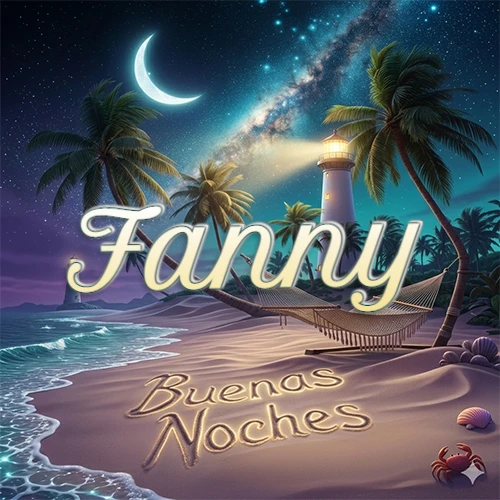 Escena nocturna mágica de una playa tropical con dos palmeras, hamaca de red y un faro iluminado en el horizonte, con la frase 'Buenas Noches' escrita artísticamente en la arena húmeda bajo la luz de la galaxia y la luna. El nombre aparece con letra luminosa grande en medio del cielo entre las dos palmeras. Nombre personalizado: Fanny.