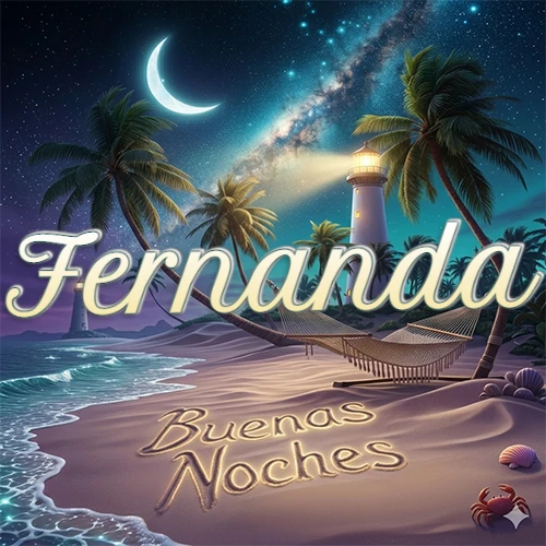 Escena nocturna mágica de una playa tropical con dos palmeras, hamaca de red y un faro iluminado en el horizonte, con la frase 'Buenas Noches' escrita artísticamente en la arena húmeda bajo la luz de la galaxia y la luna. El nombre aparece con letra luminosa grande en medio del cielo entre las dos palmeras. Nombre personalizado: Fernanda.