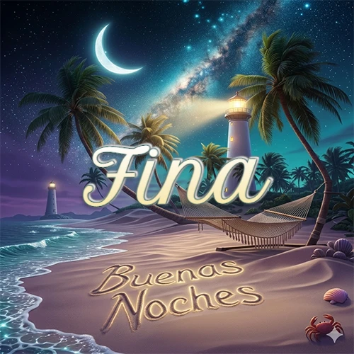 Escena nocturna mágica de una playa tropical con dos palmeras, hamaca de red y un faro iluminado en el horizonte, con la frase 'Buenas Noches' escrita artísticamente en la arena húmeda bajo la luz de la galaxia y la luna. El nombre aparece con letra luminosa grande en medio del cielo entre las dos palmeras. Nombre personalizado: Fina.