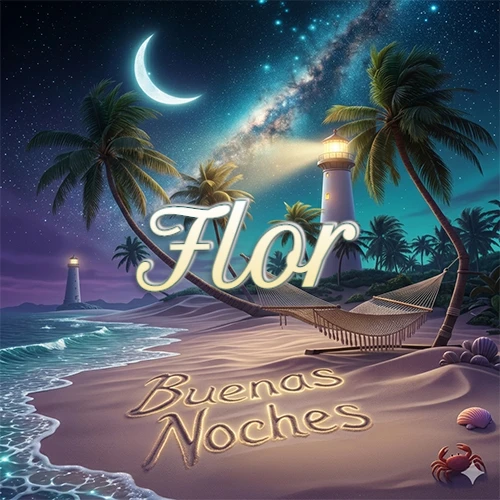 Escena nocturna mágica de una playa tropical con dos palmeras, hamaca de red y un faro iluminado en el horizonte, con la frase 'Buenas Noches' escrita artísticamente en la arena húmeda bajo la luz de la galaxia y la luna. El nombre aparece con letra luminosa grande en medio del cielo entre las dos palmeras. Nombre personalizado: Flor.