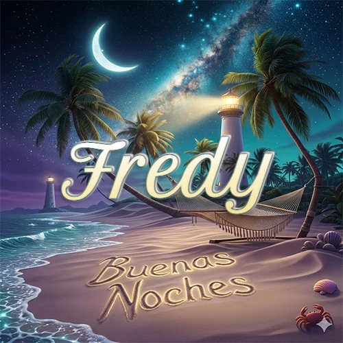 Escena nocturna mágica de una playa tropical con dos palmeras, hamaca de red y un faro iluminado en el horizonte, con la frase 'Buenas Noches' escrita artísticamente en la arena húmeda bajo la luz de la galaxia y la luna. El nombre aparece con letra luminosa grande en medio del cielo entre las dos palmeras. Nombre personalizado: Fredy.