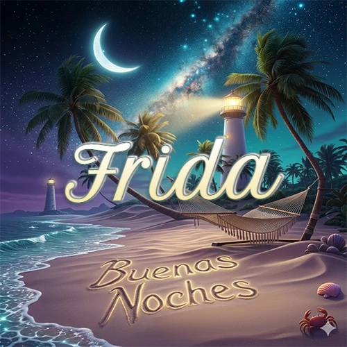 Escena nocturna mágica de una playa tropical con dos palmeras, hamaca de red y un faro iluminado en el horizonte, con la frase 'Buenas Noches' escrita artísticamente en la arena húmeda bajo la luz de la galaxia y la luna. El nombre aparece con letra luminosa grande en medio del cielo entre las dos palmeras. Nombre personalizado: Frida.